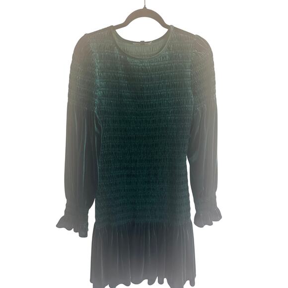 Gianni Bini Women's Smocked Velvet Mini Dress M Long Sleeve Ruffle Hem Green - Picture 5 of 13